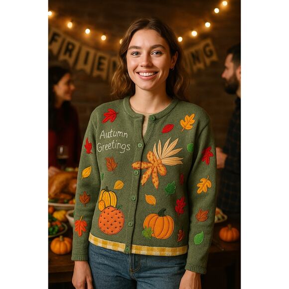 Quacker Factory Autumn Greetings Embroidered Fall Cardigan Sweater - Size Medium - Picture 1 of 9